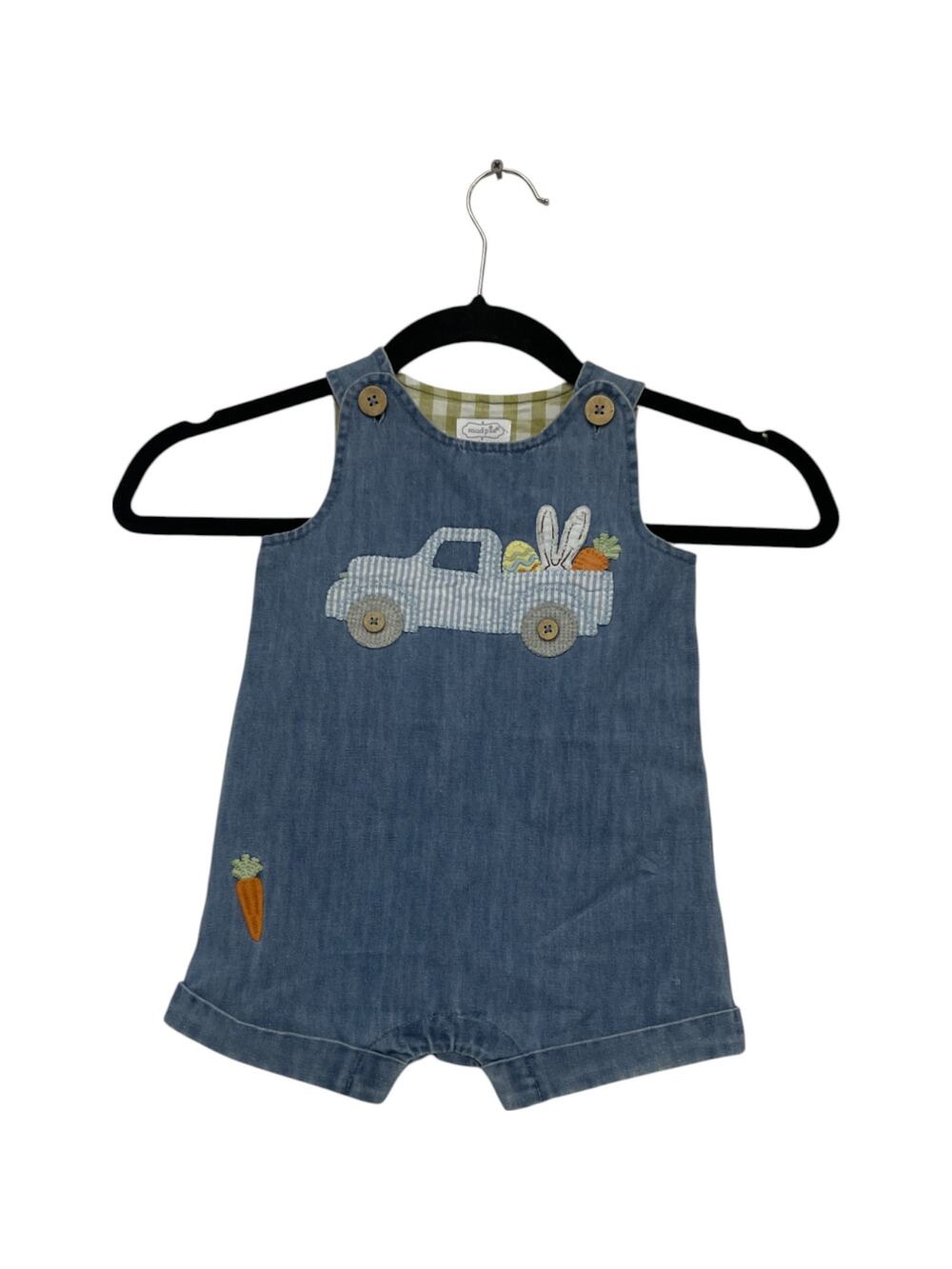 Mud Pie Baby Boys Size 9-12 Months Applique Car Pocket Shortall One Piece Blue